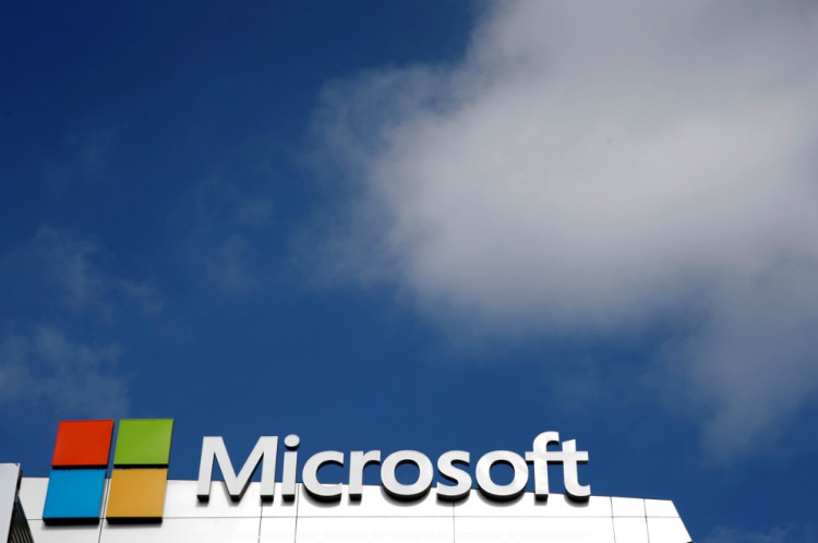 A Microsoft logo is seen next to a cloud in Los Angeles