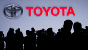 A Toyota logo is displayed at the 89th Geneva International Motor Show in Geneva