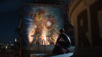 Peter Parker with an Iron Man mural in 'Spider-Man: Far From Home'