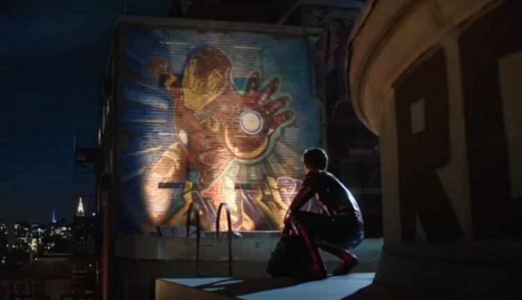 Peter Parker with an Iron Man mural in 'Spider-Man: Far From Home'