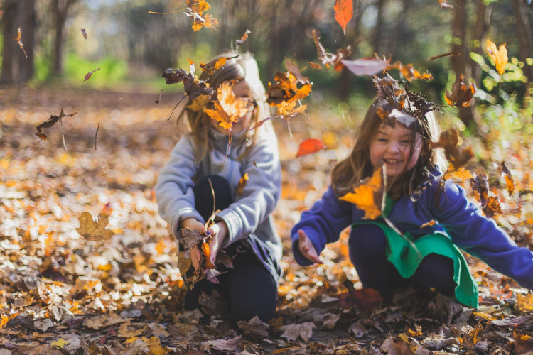 Children playing with dry leaves.
