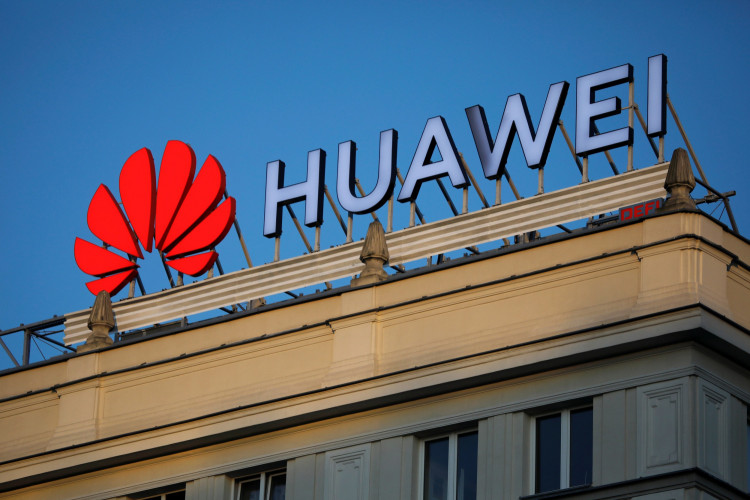 The Huawei logo is pictured in central Warsaw