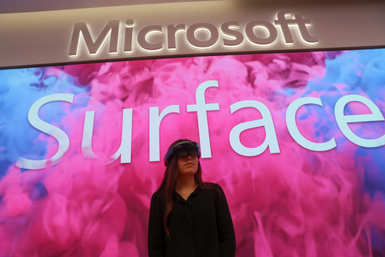 An employee uses an augmented reality headset at Microsoft's new Oxford Circus store ahead of its opening in London