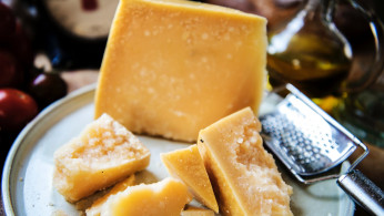 Parmesan cheese and grater in a plate.