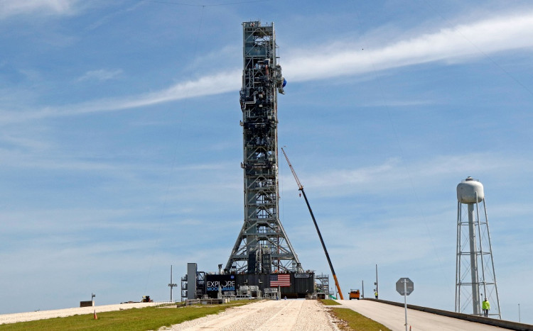 NASA's Space Launch System mobile launcher stands atop Launch Pad 39B at the Kennedy Space Center in Cape Canaveral