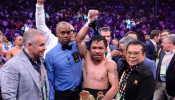 Manny Pacquiao (white trunks) celebrates after defeating Keith Thurman (not pictured) in their WBA welterweight championship bout at MGM Grand Garden Arena