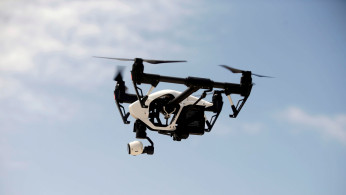 A DJI Inspire drone hovers during a drone training session for Somali police in Mogadishu