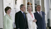 Queen Margrethe II and her husband (the late) Prince Henrik of Denmark welcome President George W. Bush and his wife Bush at Fredensborg Palace, July 5 2005.