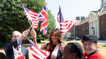 First Lady Melania Trump and Philip May, husband of British Prime Minister Theresa May, visit the Royal Hospital Chelsea on July 13, 2018.