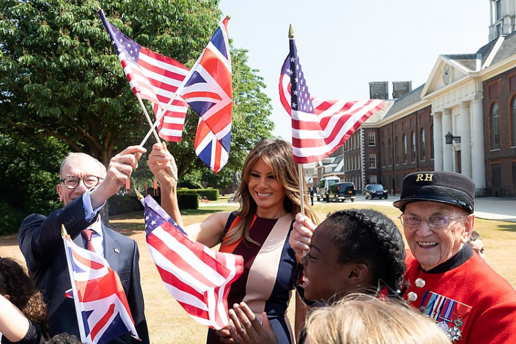 First Lady Melania Trump and Philip May, husband of British Prime Minister Theresa May, visit the Royal Hospital Chelsea on July 13, 2018.