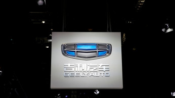 The logo of Chinese carmaker Geely Auto is pictured at the second media day for the Shanghai auto show in Shanghai