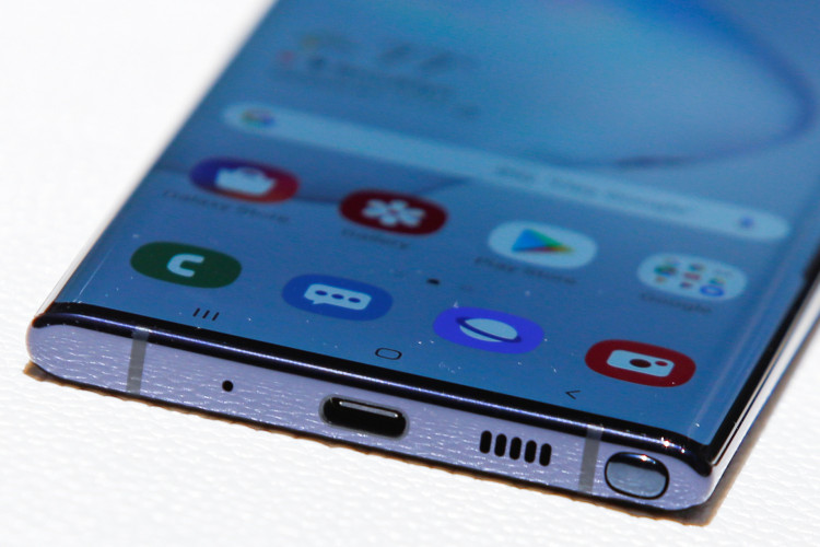 Close up of the Samsung Galaxy Note 10 phone during the launch event of the Galaxy Note 10 at the Barclays Center in Brooklyn