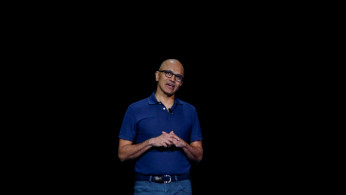 Satya Nadella, chief executive officer of Microsoft Corp. speaks to attendees during the launch event of the Galaxy Note 10 at the Barclays Center in Brooklyn, New York