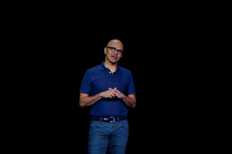 Satya Nadella, chief executive officer of Microsoft Corp. speaks to attendees during the launch event of the Galaxy Note 10 at the Barclays Center in Brooklyn, New York