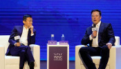 Tesla Inc CEO Elon Musk and Alibaba Group Holding Ltd Executive Chairman Jack Ma attend the World Artificial Intelligence Conference (WAIC) in Shanghai, China, August 29, 2019.