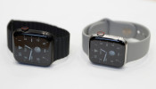 Two titanium Apple Watch Edition smart watches are seen in the demonstration area during an Apple event at their headquarters in Cupertino