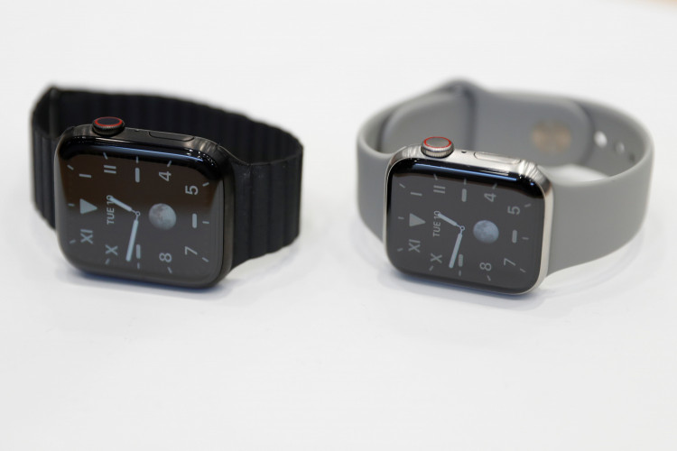 Two titanium Apple Watch Edition smart watches are seen in the demonstration area during an Apple event at their headquarters in Cupertino